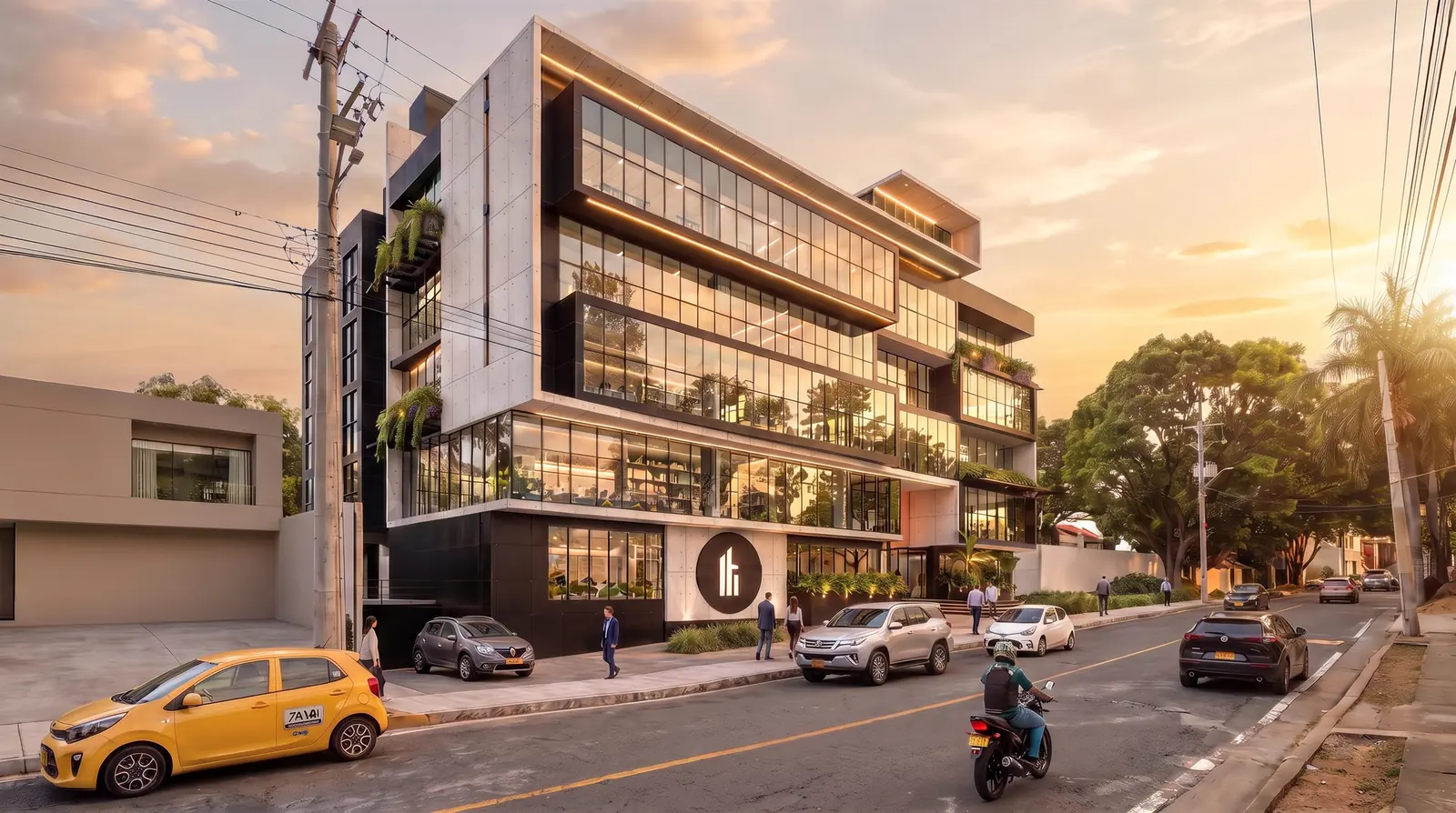 Fachada del Edificio Ciudad Jardín al atardecer