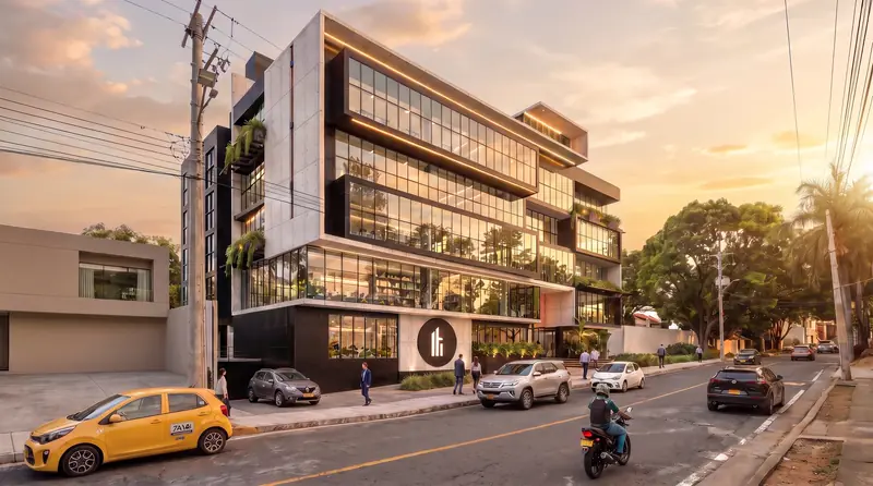 Fachada del Edificio Ciudad Jardín al atardecer