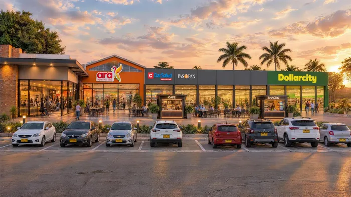 Bonaventura 122: fachada de locales comerciales con parqueadero al frente, al atardecer